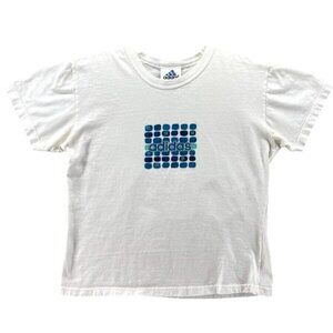 Vintage Adidas Medium White Crop T-Shirt With Blue Logo Graphic & Iconic Brandin